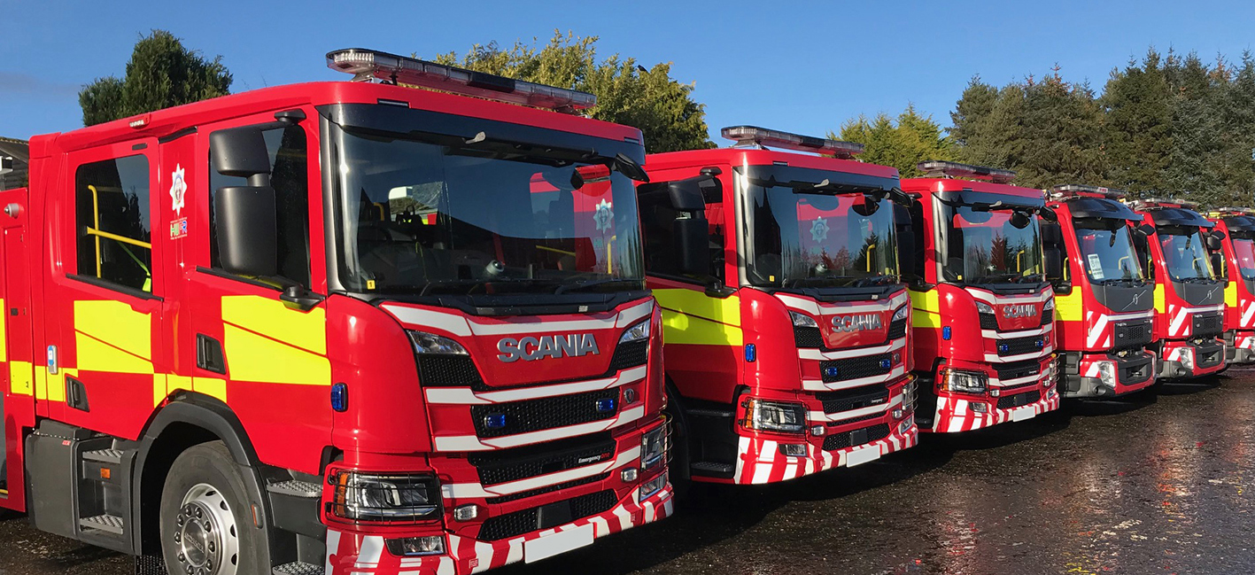 Emergency One Fire Engine Fleet Lined up at an Angle