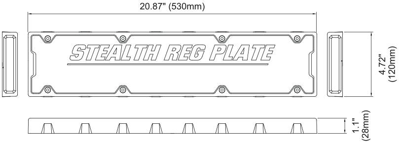 Stealth Reg Plate Dimensions Illustration 530mm Length 120mm Height 28mm Depth