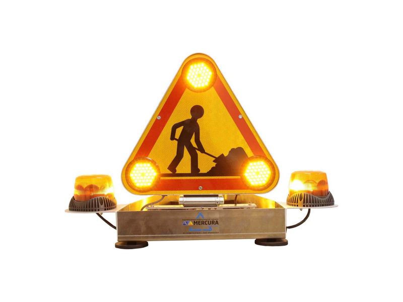Triangle de signalisation à relevage électrique avec 2 gyrophare orange